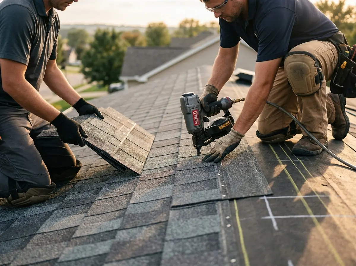 Professional roofer working on a residential roof in Keystone